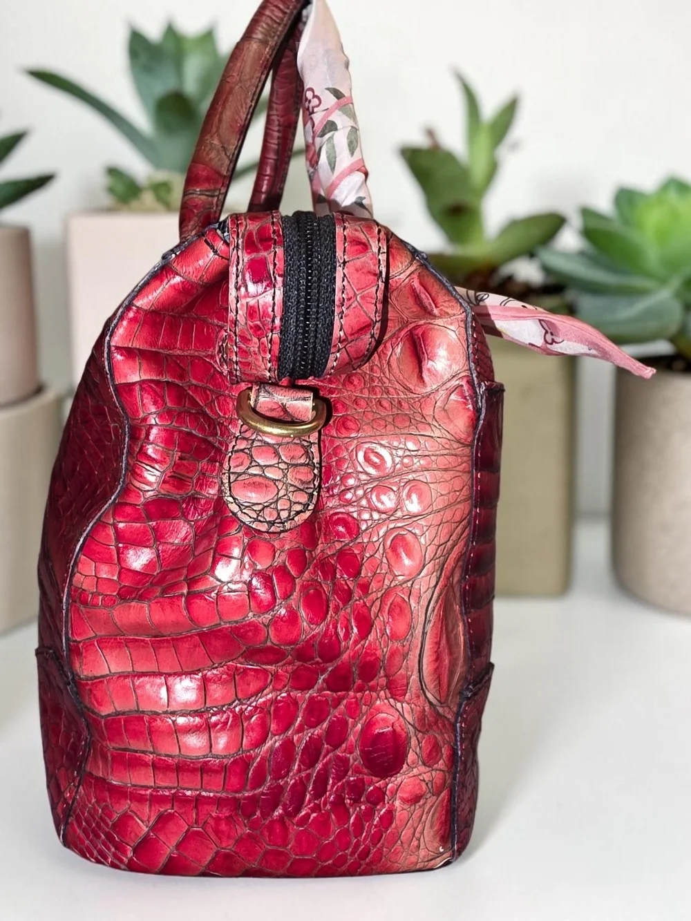 Brahmin Red Crocodile-Embossed Leather Satchel/Crossbody Bag - GUC